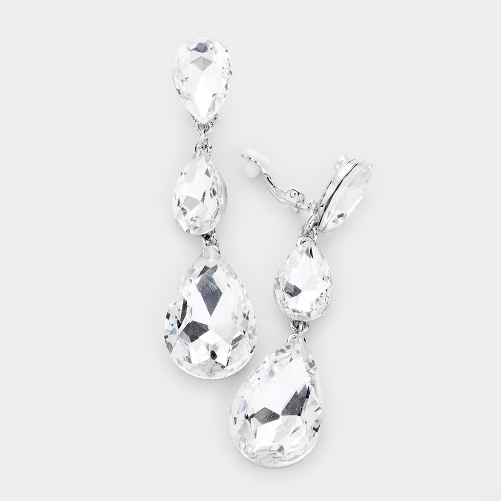 Silver Dangle Crystal Clip On Earrings 3 Inch Triple Tear Drop ClipOns Jewelry